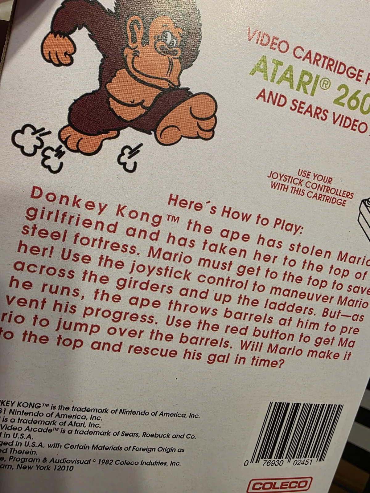 Trasera de la caja repro Donkey Kong Atari 2600 con instrucciones
