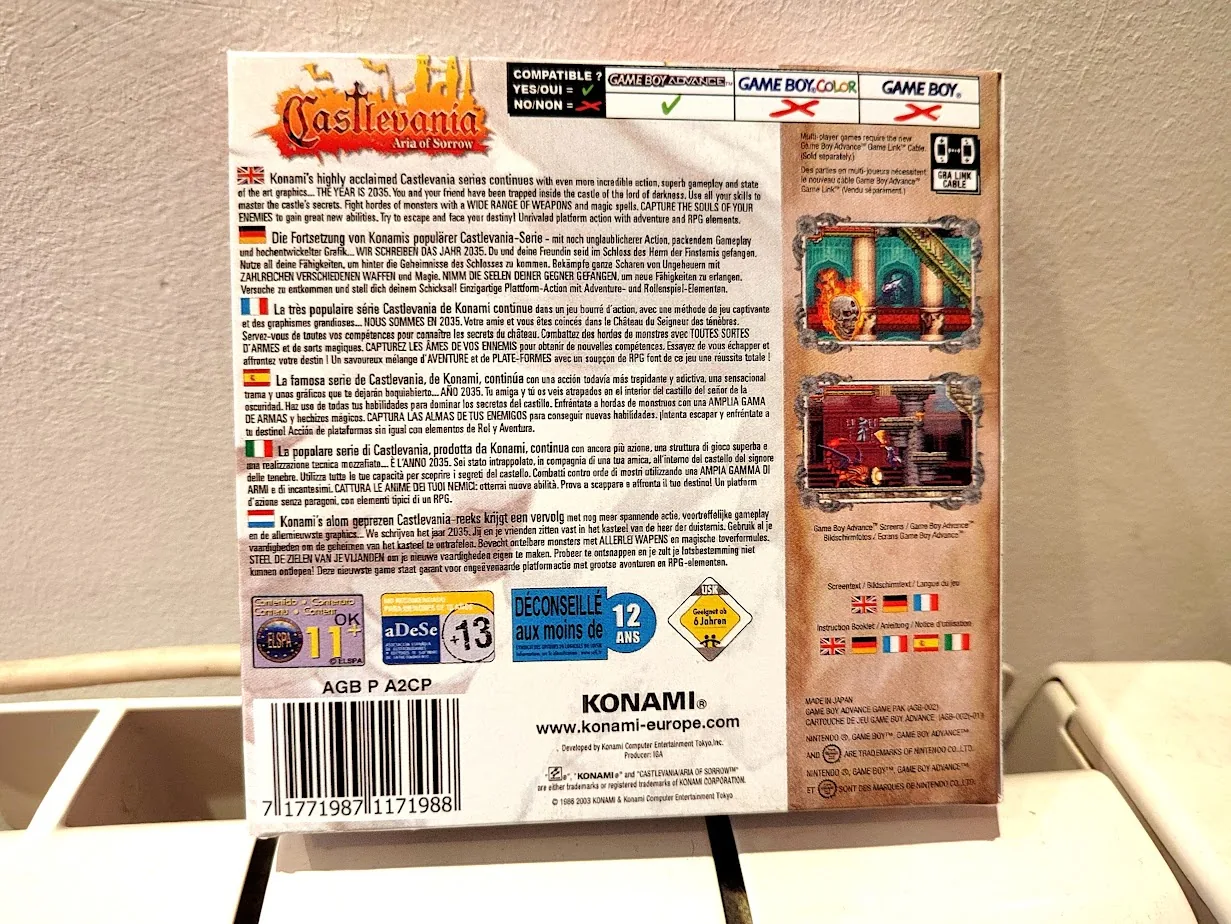 Caja repro Castlevania Aria of Sorrow GBA PAL España detalle 2