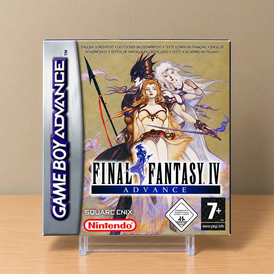 Caja repro Final Fantasy IV Advance GBA PAL Europa, portada dorada sobre expositor