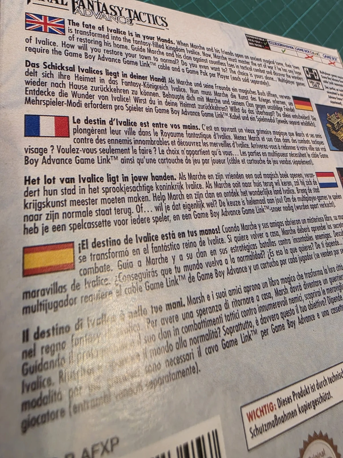 Trasera de Final Fantasy Tactics Advance con descripción en castellano