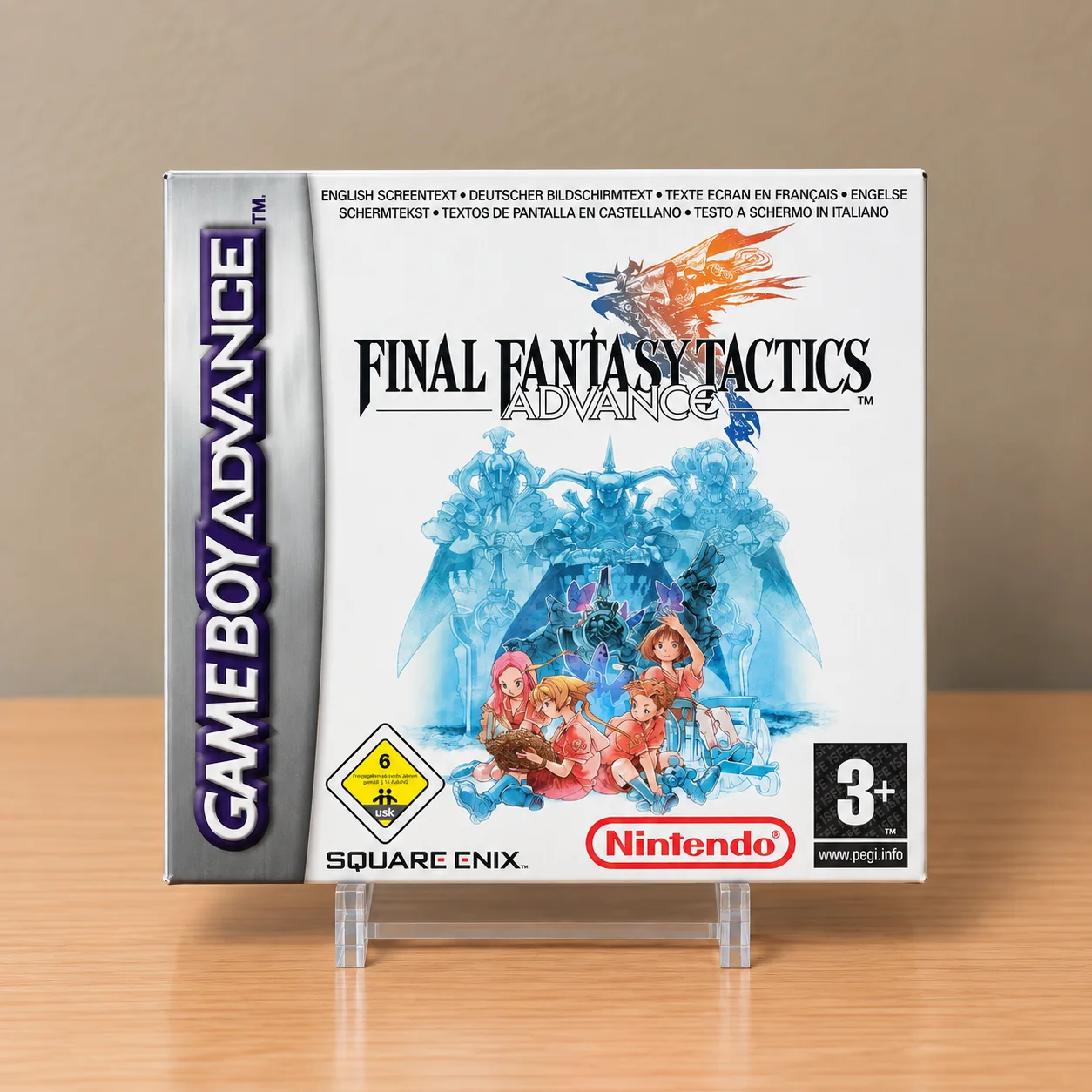 Caja repro Final Fantasy Tactics Advance GBA PAL Europa sobre expositor