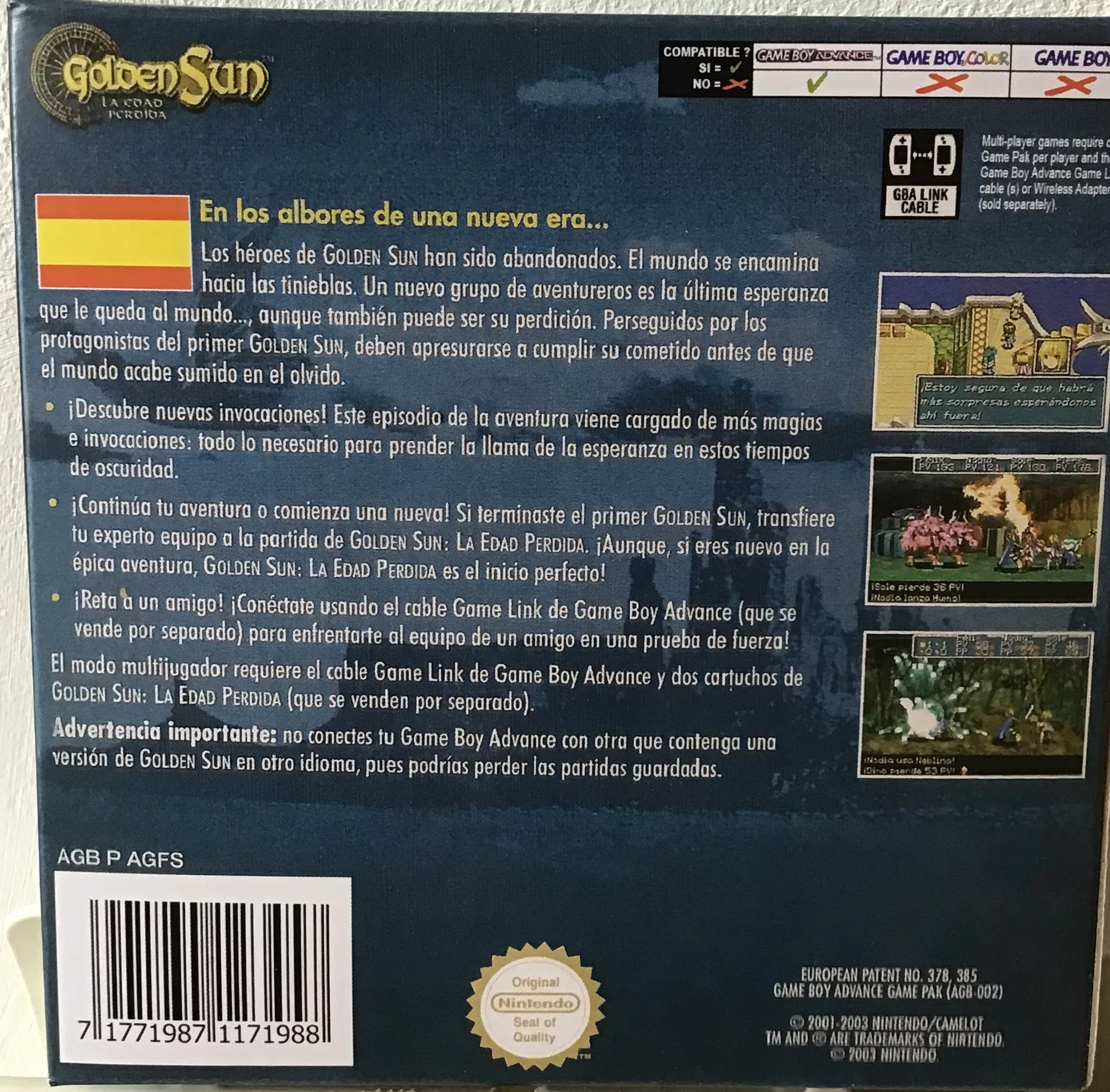 Caja repro Golden Sun La Edad Perdida GBA PAL España detalle 2