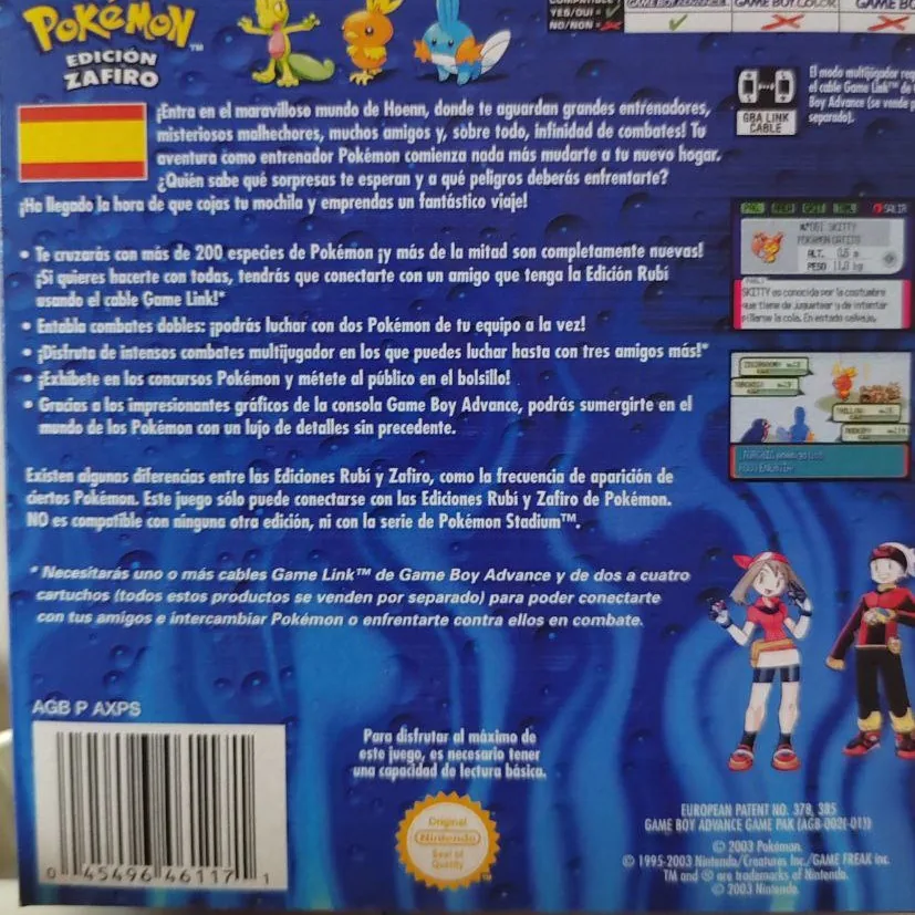 Caja repro Pok&eacute;mon Zafiro GBA PAL Espa&ntilde;a detalle 2