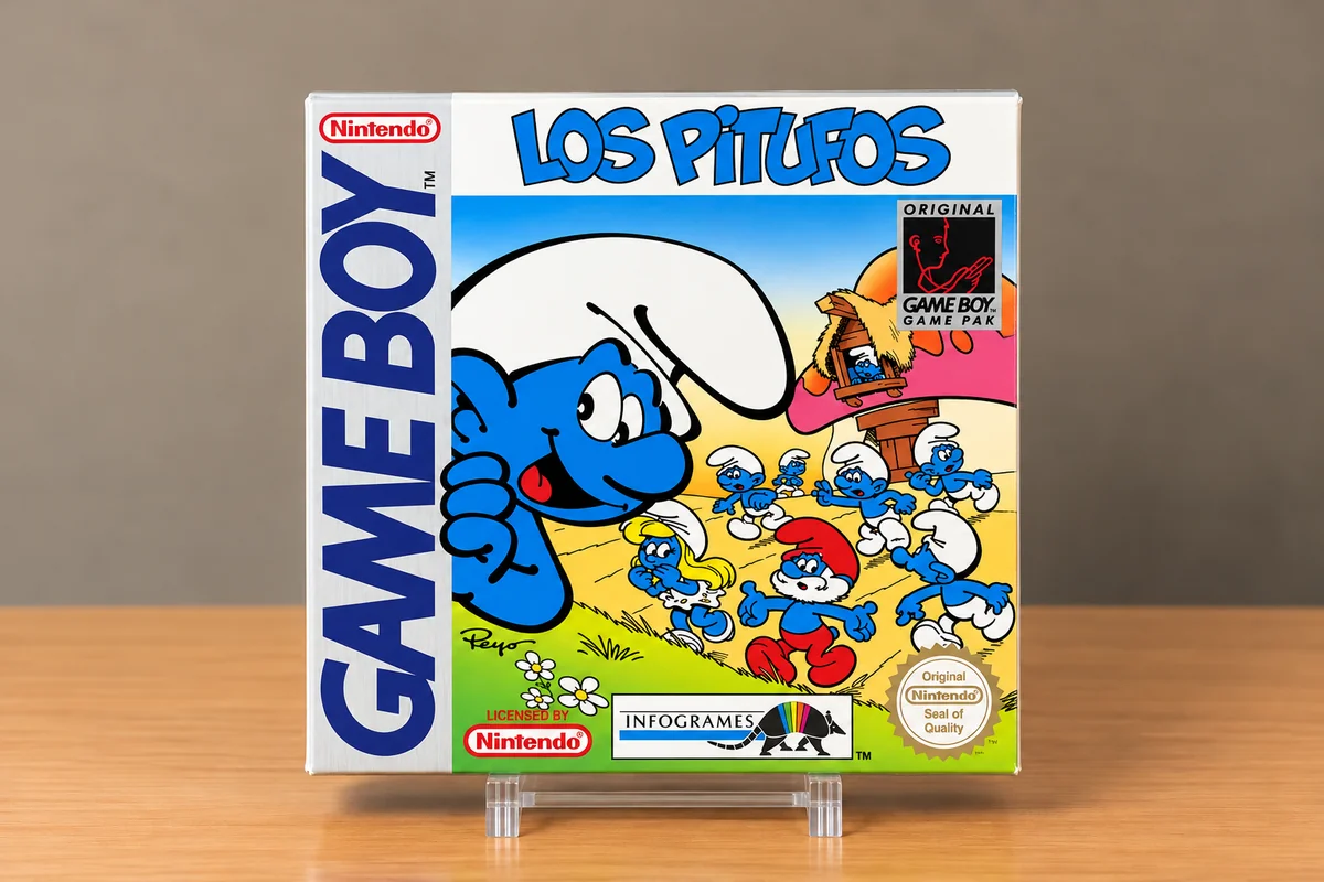 Frontal de la caja repro de Los Pitufos para Game Boy, con los personajes y el título en castellano