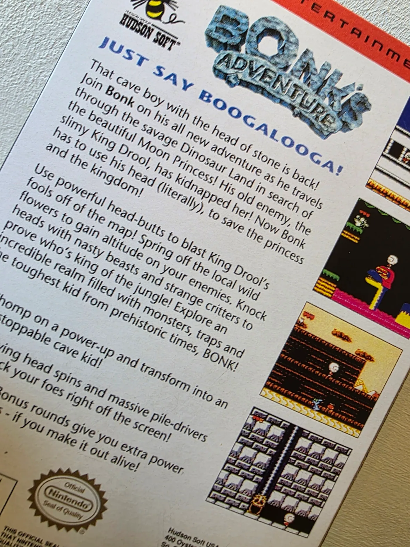 Detalle de la trasera de Bonk's Adventure para NES