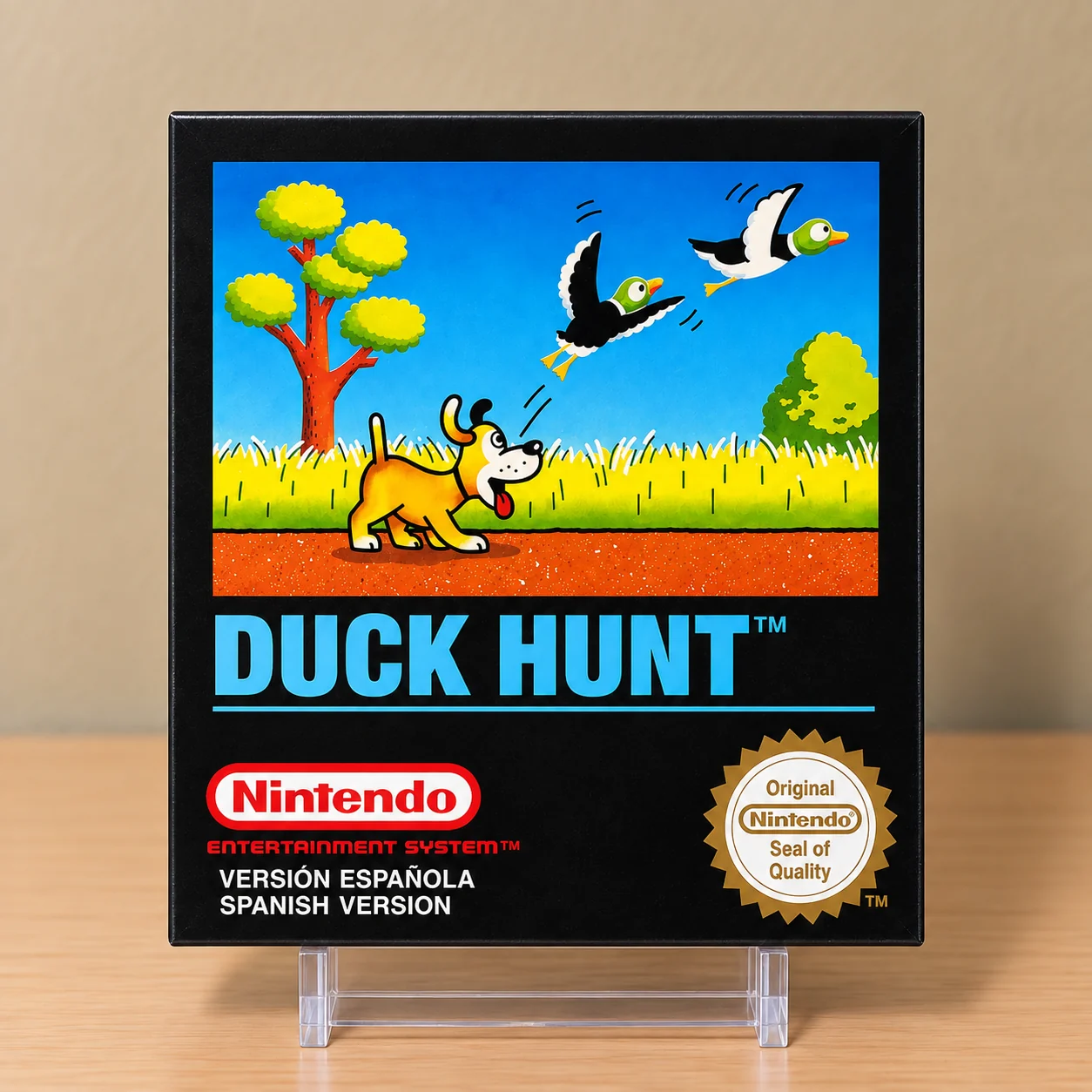 Caja repro Duck Hunt NES PAL España sobre expositor