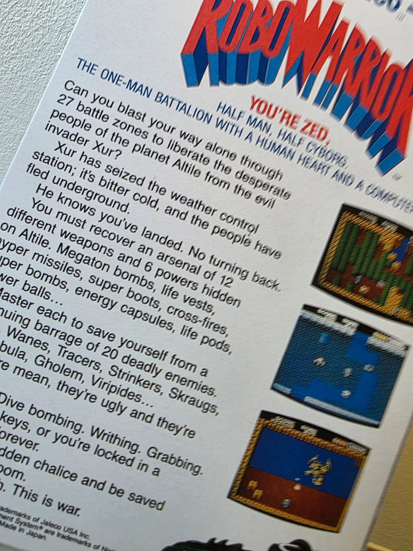 Detalle de la trasera de RoboWarrior para NES