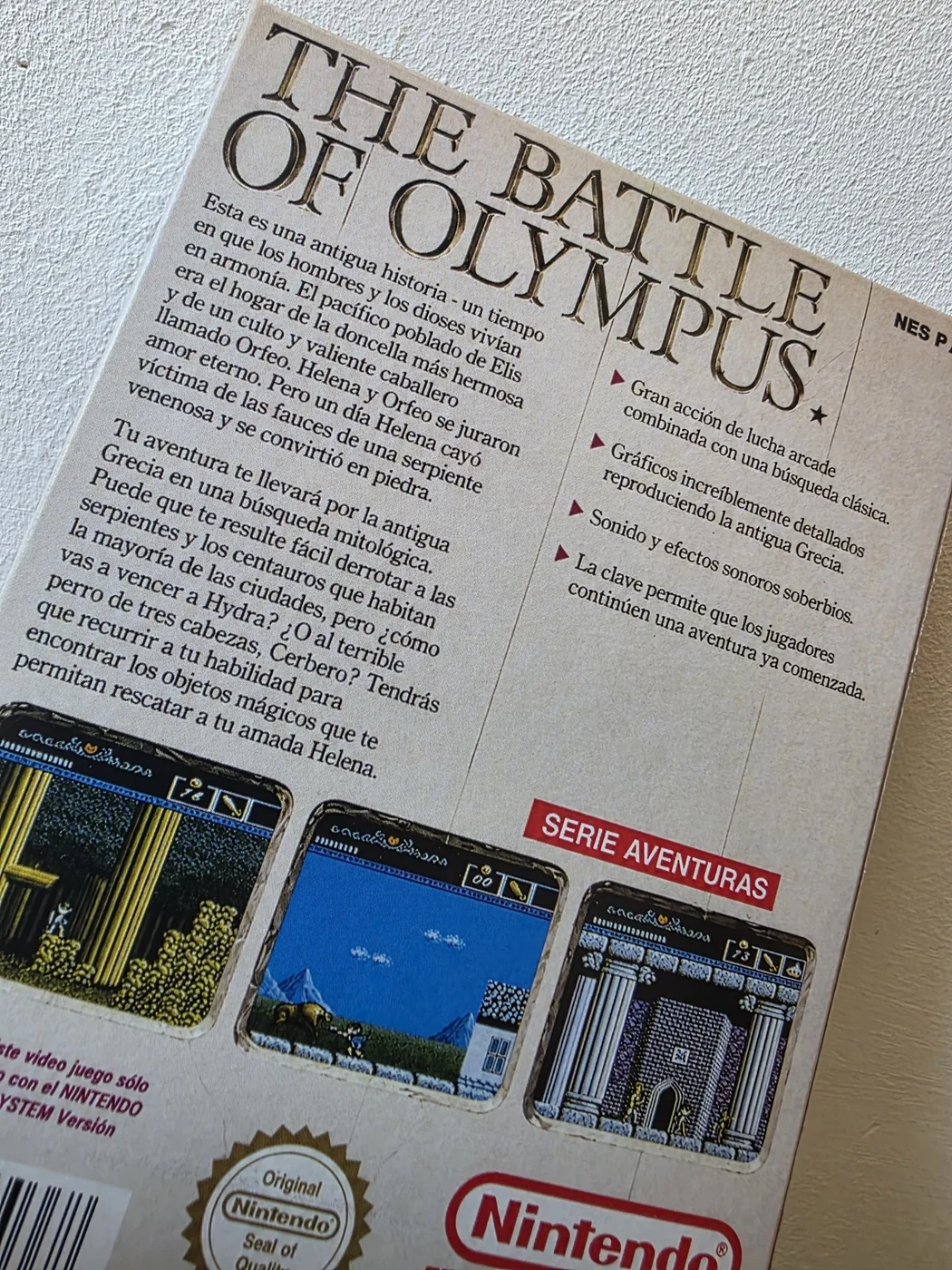 Caja repro The Battle of Olympus NES trasera version espanola