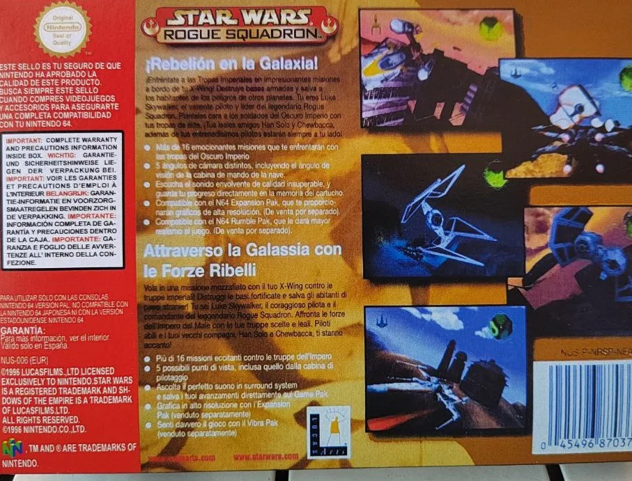 Caja repro Star Wars Rogue Squadron Nintendo 64 PAL España detalle 2