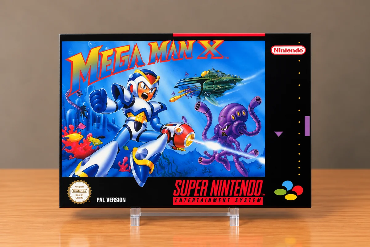 Frontal de la caja repro PAL de Mega Man X para Super Nintendo, con X y una escena azul