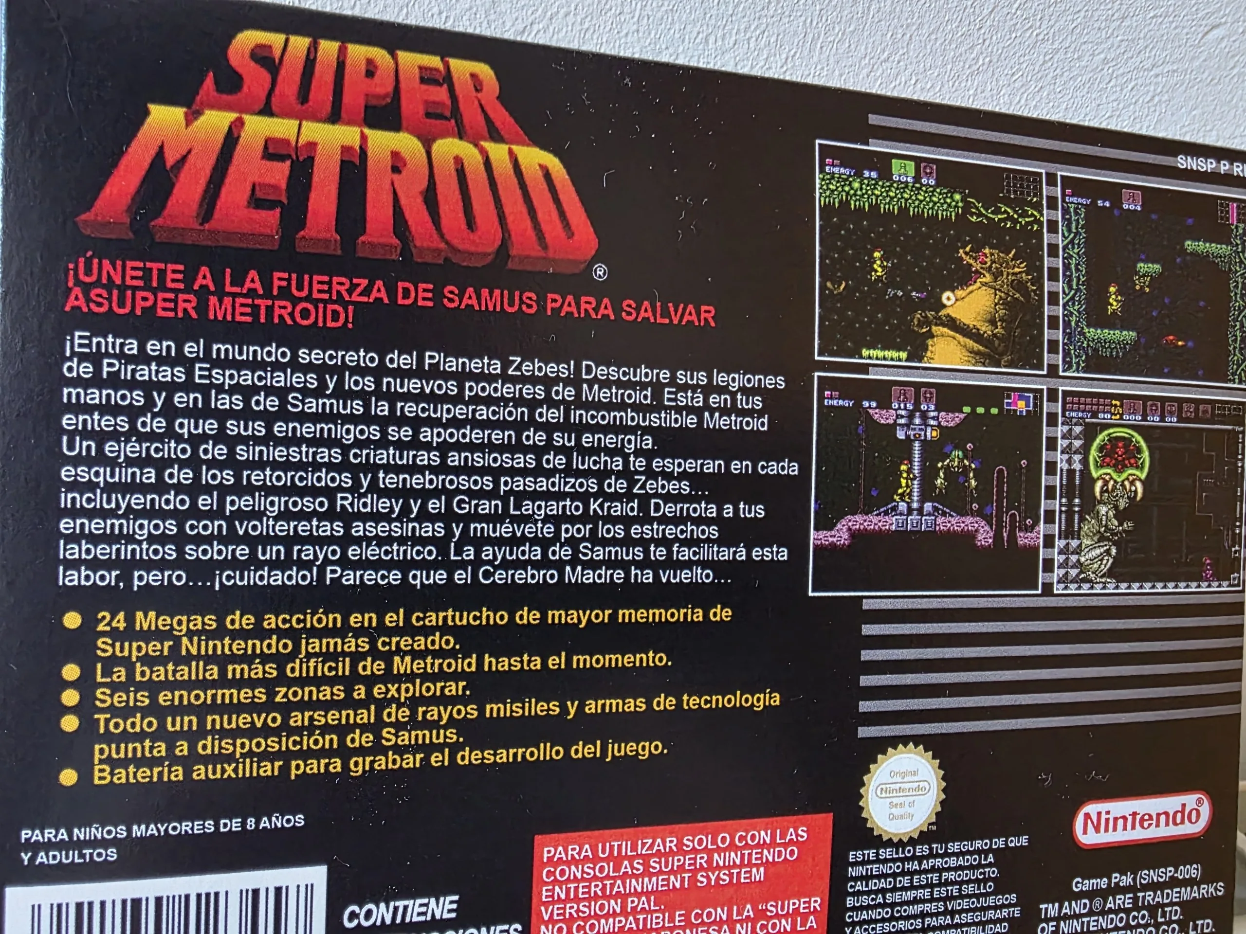 Caja repro Super Metroid SNES trasera